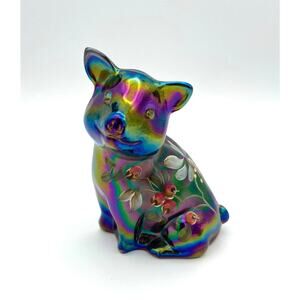 Fenton Plum Purple Carnival Glass Pig Hand Painted Signed J Powell